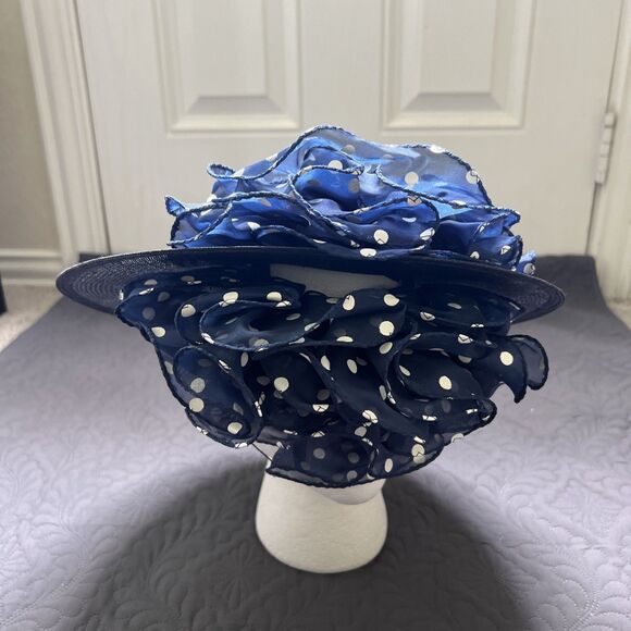 VTG 70s 80s Sonni San Francisco Hat Navy & Polka Taffeta Band Bow Kentucky Derby - Picture 3 of 8